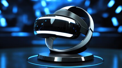 Poster - A sleek VR headset on a rotating display stand, surrounded by futuristic lighting and reflections.