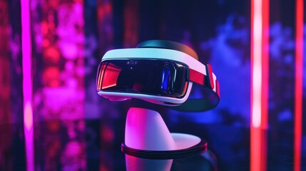 Poster - A sleek VR headset on a rotating display stand, surrounded by futuristic lighting and reflections.