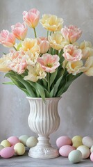 Aufkleber - A vibrant collection of pastel-colored tulips in hues of soft pink and yellow bursts forth from an elegant vase