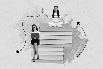 Poster - Composite collage image of two mini black white colors girls sit big pile stack book use netbook meditate isolated on drawing background