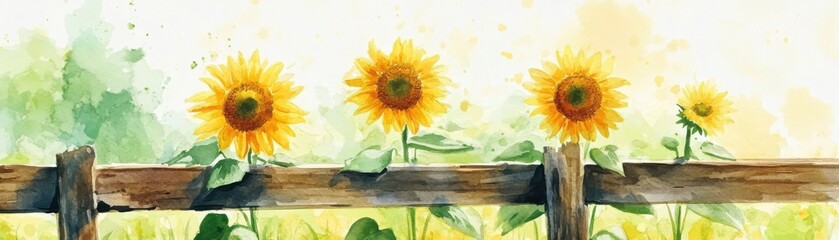 Wall Mural - A vibrant watercolor painting of sunflowers standing tall against a soft background. Their bright yellow petals contrast beautifully with the green leaves.