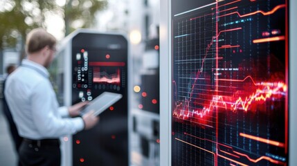 Poster - analyzing financial data on screens for investment strategies and market trends