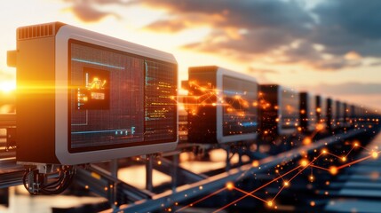 Poster - futuristic city skyline with glowing digital devices and surveillance monitors at dramatic sunset