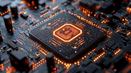 Poster - Illuminated CPU chip on circuit board; technology background