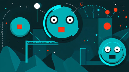 Poster - Creative digital artwork featuring abstract characters and shapes modern art graphic design futuristic environment top-down view