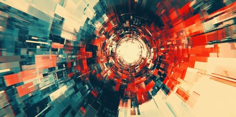 Poster - Abstract geometric tunnel with red and blue hues converging inward