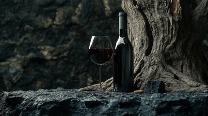 Wall Mural - Bottle and glass of red wine on a black stone table. In the background old weathered snag. Frontal view with copy space.