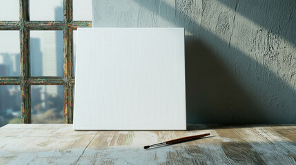 Poster - Small Blank Canvas on Desk in Quiet Study with Natural Light Streaming In