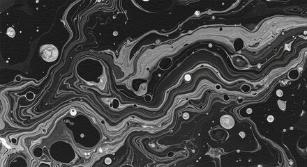 Poster - Abstract black background with marbled texture pattern in elegant fancy design, wavy swirls and curled marbled pattern in detailed painted black and white backdrop layout