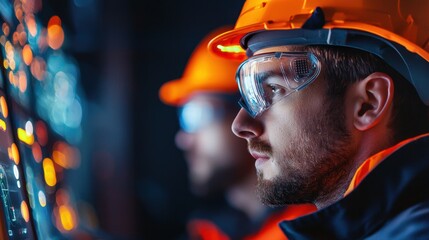Poster - Construction Worker Wearing Safety Helmet at Industrial Site