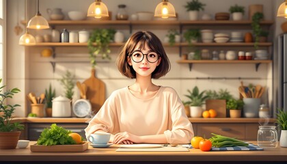 Woman in Glasses at Kitchen Table with Fresh Produce