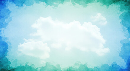Poster - Blue green watercolor background with white cloudy center and abstract watercolor sky border design texture
