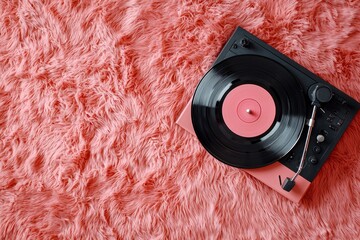 record player on pink fur carpet, top view, minimalist retro style. playful, nostalgic scene capture