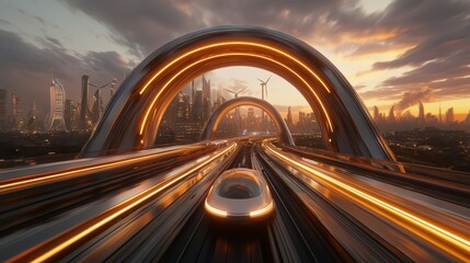 Poster - Futuristic Maglev Train Gliding Through Illuminated Cityscape at Sunset