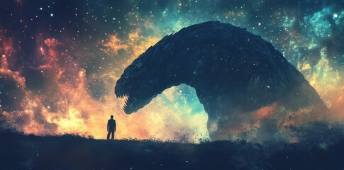 Wall Mural - Man confronts a gigantic cosmic beast with a celestial background