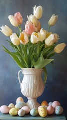 Aufkleber - Pastel tulips in shades of soft pink and cream bloom beautifully in a vintage vase. They stand proudly atop a rustic surface, accompanied by colorful Easter eggs that add a festive touch