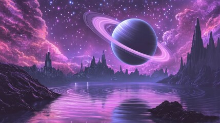 Wall Mural - exoplanet with prominent rings reflecting in the water below