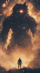 Wall Mural - A lone man faces a cosmic entity in space