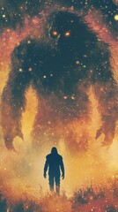 Wall Mural - Silhouette confronts an enormous hairy monster amid a celestial atmosphere
