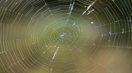Close-up of a spider web with intricate patterns and glistening dew drops in soft focus.