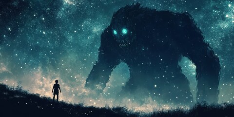 Wall Mural - Boy gazes towards towering monster figure under a starlit sky