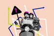 © deagreez - Exclusive art banner collage of two astonished girl guy ride vespa moped hold map navigator search summer tourism arrow turn question
