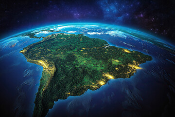 view of the continent of south america from space. blue space background with stars.