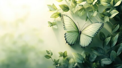 Wall Mural - Serene butterfly with amidst lush green leaves soft light background ideal for nature-themed designs.