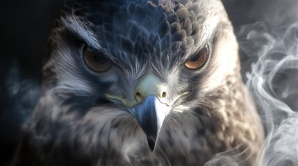 Wall Mural - Majestic Hawk in Smoky Haze: A Close-Up Portrait