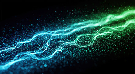 Fototapete - Background with glowing light blue and green lines, particles of data flowing in the air..