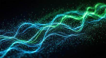 Fototapete - Background with glowing light blue and green lines, particles of data flowing in the air..