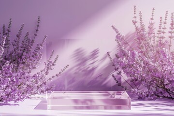 Wall Mural - Elegant transparent glass display pedestal surrounded by blooming lavender flowers. Soft sunlight casts delicate floral shadows, creating a dreamy and sophisticated ambiance