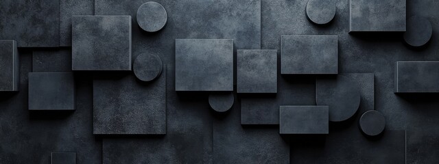 Aufkleber - Minimalist black squares and circles on a dark background. Geometric pattern for banner template with white space in the center for text. Simple modern wallpaper with copy space.
