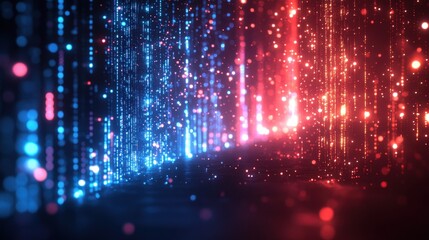 Poster - Vibrant digital abstract background with glowing blue and red particles in a futuristic setting