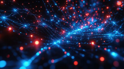 Poster - Abstract digital background with colorful data lines and glowing dots in bright blue and red