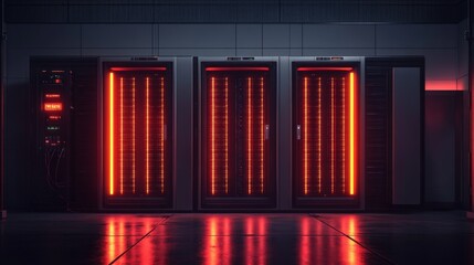 Poster - Vibrant red illuminated server racks in a hightech data center with reflective floor surfaces