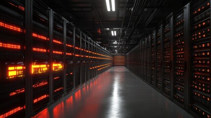 Poster - Hightech data center interior with illuminated racks and server equipment in a dark environment