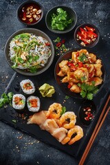 Wall Mural - Asian cuisine includes various food items such as sushi, shrimp, rice bowl, and other gourmet ingredients.