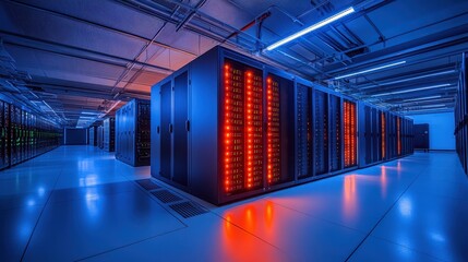 Poster - Hightech data center interior with illuminated racks and advanced server hardware in blue light