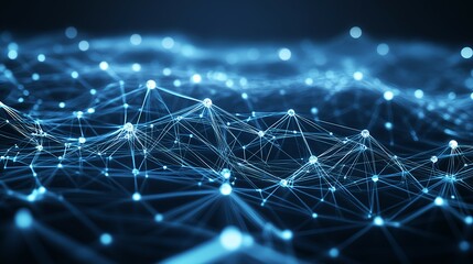 Fototapete - Abstract blue glowing network nodes and connections, concept for technology, digital, communication, and network presentation