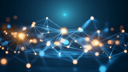 Fototapete - Abstract network connection nodes glowing in dark blue background, concept for technology, communication, big data, and digital innovation