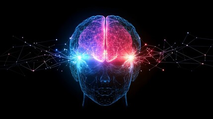 Poster - abstract glowing human head with interconnected brain concept, ideal for ai, technology, and neurosc