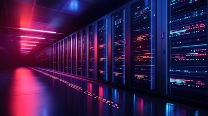 Poster - Futuristic data center interior with vibrant neon lights and hightech server racks
