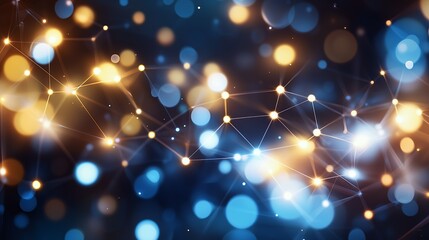 Fototapete - Abstract glowing network of interconnected nodes, blue and gold bokeh lights on dark background, concept for technology, innovation, and connection