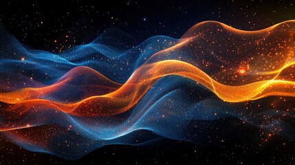 Poster - Abstract flow of vibrant blue and orange waves with sparkling stars in a dark background