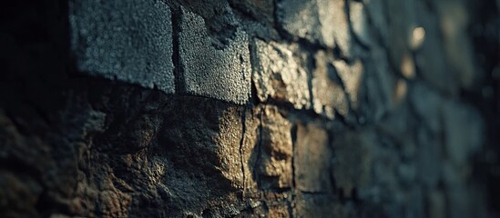 Wall Mural - Close-up view of a textured brick wall featuring warm greys and browns with uneven surfaces and light reflecting off the bricks creating shadows.