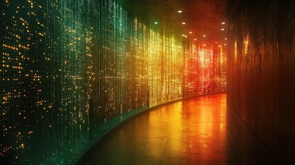 Poster - Vibrant illuminated corridor with colorful lights and abstract background in modern architecture