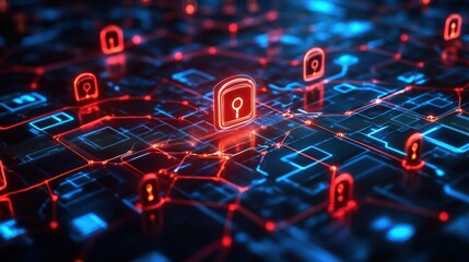 Poster - Futuristic digital network with red security locks and data protection concepts in 3d space