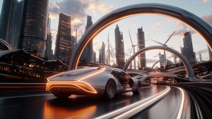 Poster - futuristic cityscape with luxury concept car on illuminated highway at sunset