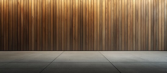 Wall Mural - Wooden wall texture showcasing rich grain patterns and warm hues, set against a smooth concrete floor, illuminated by soft overhead lighting.